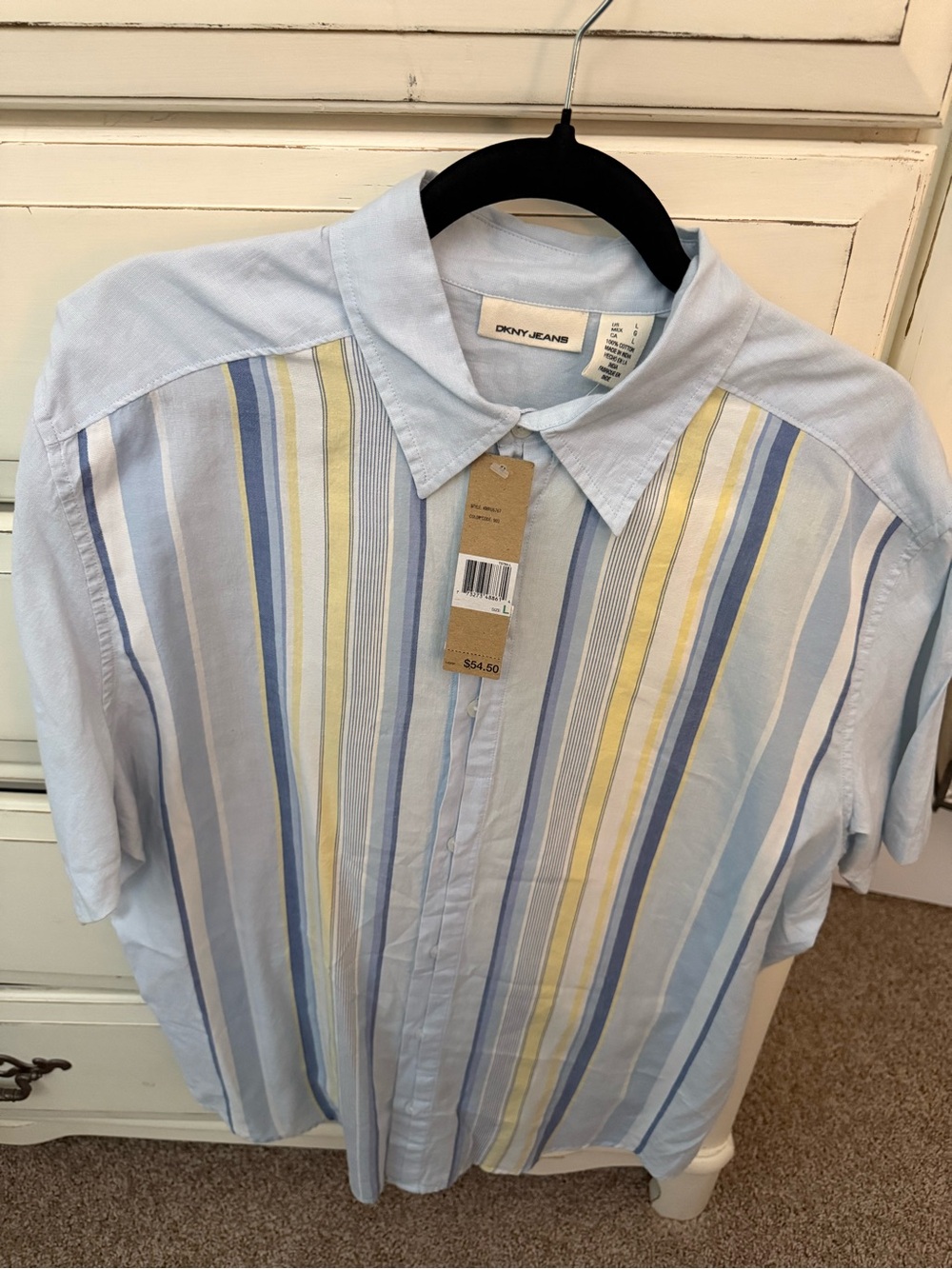 Dkny Men’s Light Blue and yellow Striped Short-Sleeve Shirt